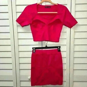 SHEIN Ribbed Corset Laser Cut Crop Top & Mini Skirt 2 Piece Set Size S Pink NWT